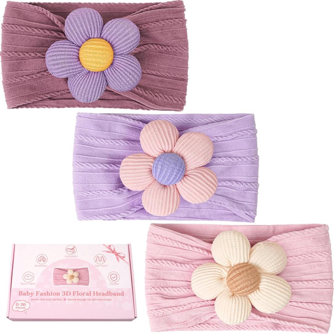 CLLOT Baby Flower Headbands Baby Girls Nylon Headbands Soft Elastic Hairbands Hair Accessories for Newborn Infant Toddler Kids (Violet,Cameo,Pink)