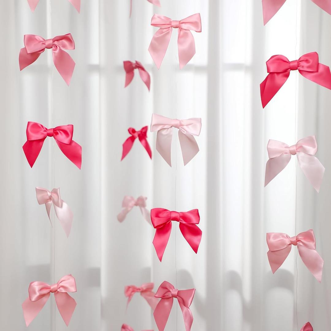 Taobary 8 Pcs 6.6 ft Valentine Bow Garland, Satin Ribbon Bow Banner Coquette Hanging Ornament for Photo Wall Backdrop Birthday Party Wedding Bridal Baby Shower Decorations(Classic Pink,1.5 Inch)