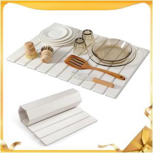 Large Stone Drying Mat for Kitchen Counter, 2416 Inch Diatomaceous Earth Dish Drying Stone for Fast Absorbent, Collapsible Quick-Dry Draining Mat for Dishes Cookware Cups Any Countertop