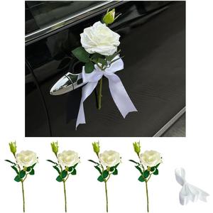 4PCS Car Wedding Decorations Set White Rose Satin Bridal Vehicle Door Handle Ornaments Just Married Car Accessories Reusable Decor