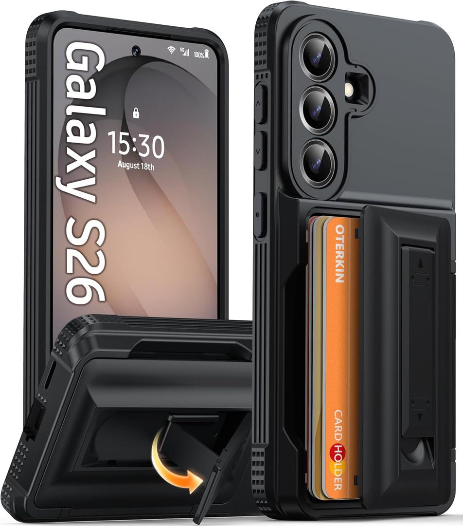 Oterkin for Samsung Galaxy S26 Wallet Case [4-5 Card Holder] [Kickstand] [RFID Blocking] [Full Camera Protection] [Military Grade Protection] Shockproof Rugged Phone Case for S26, Black