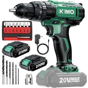 KIMO Hammer Drill - 20V 2X Battery Hammer Drill Cordless Drill Set, 350 In-lb Torque, 3/8" Keyless Chuck, 1350 RPM, 21+3 Position,14pcs Drill/Driver Bits, Power Drill Drivers for Concrete Brick Wall