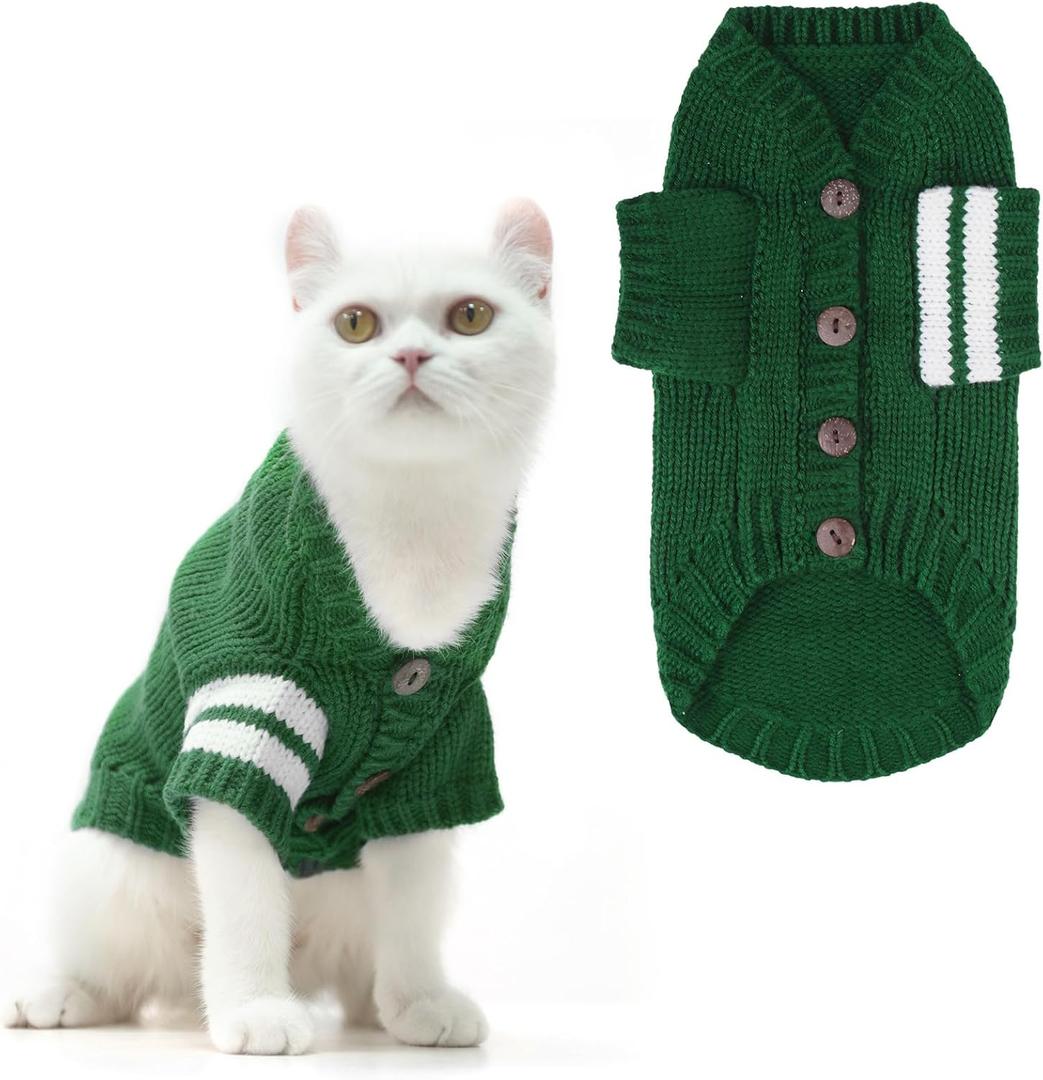 EXPAWLORER Cat Sweater Cardigan - Stylish Knitted Cat Clothes, British Style Soft Puppy Sweater with Sleeve Warm Pet Clothing Knitwear, Fall and Winter Kitten Coat for Girl Boy Cats, Green Medium