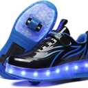 BFOEL Rechargeable Roller Shoes for Boys Girls Age 6-14 with LED Light-Up Kids Sneakers for Outdoor Play, Birthday (Black-blue)