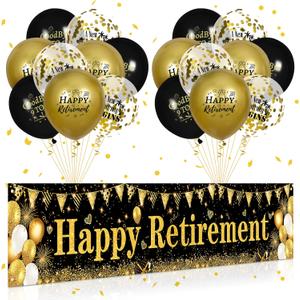 Retirement Party Decorations Black Gold Happy Retirement Banner and 18pcs Happy Retirement Balloons for Men and Women Large Black Gold Retirement Yard Sign for Retirement Party Supplies