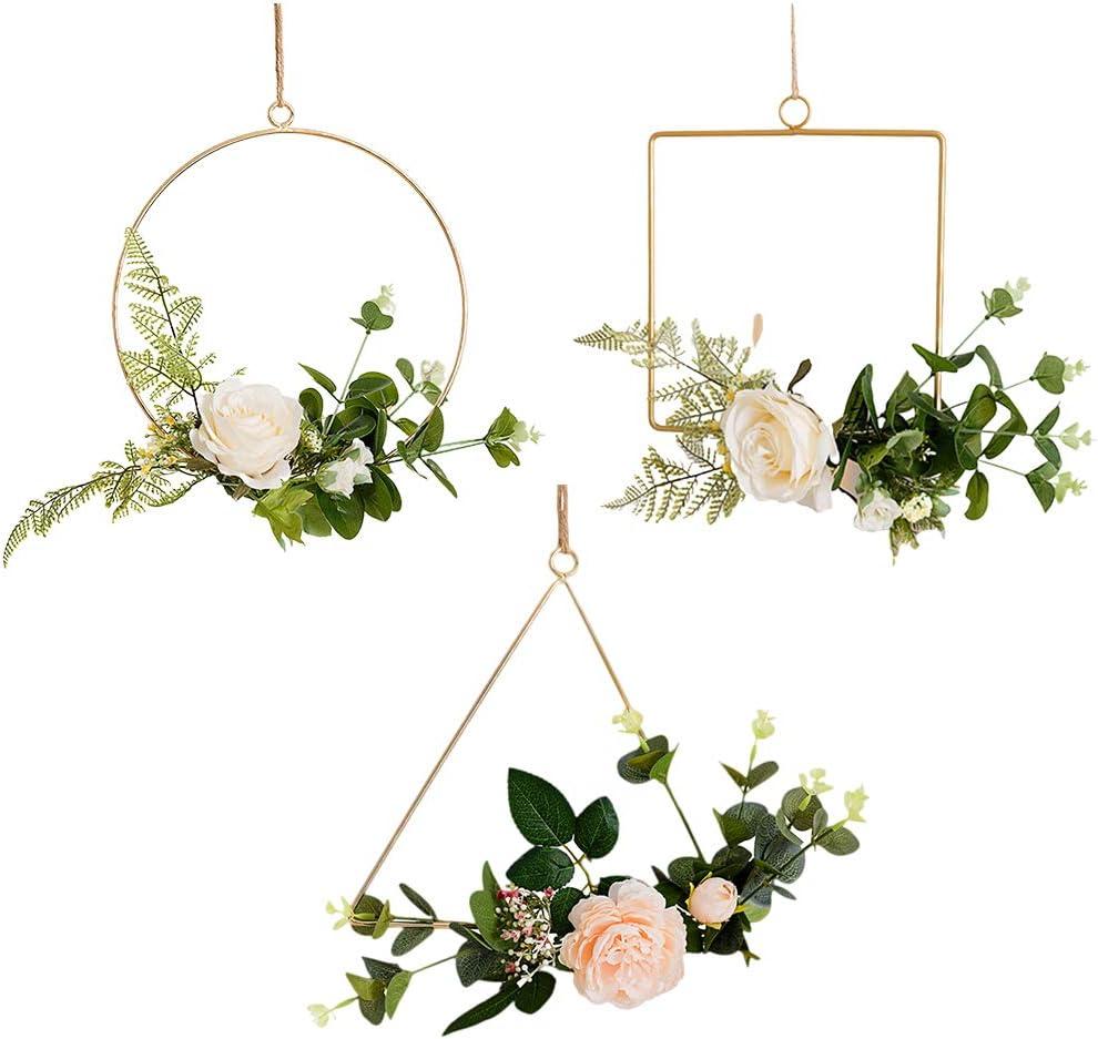 3PCS Iron Frame Flower Wreath Wall Hangings Decorative Home Hanging Ornaments Includes Square White Rose Triangular Rose for Unique Wall Decor