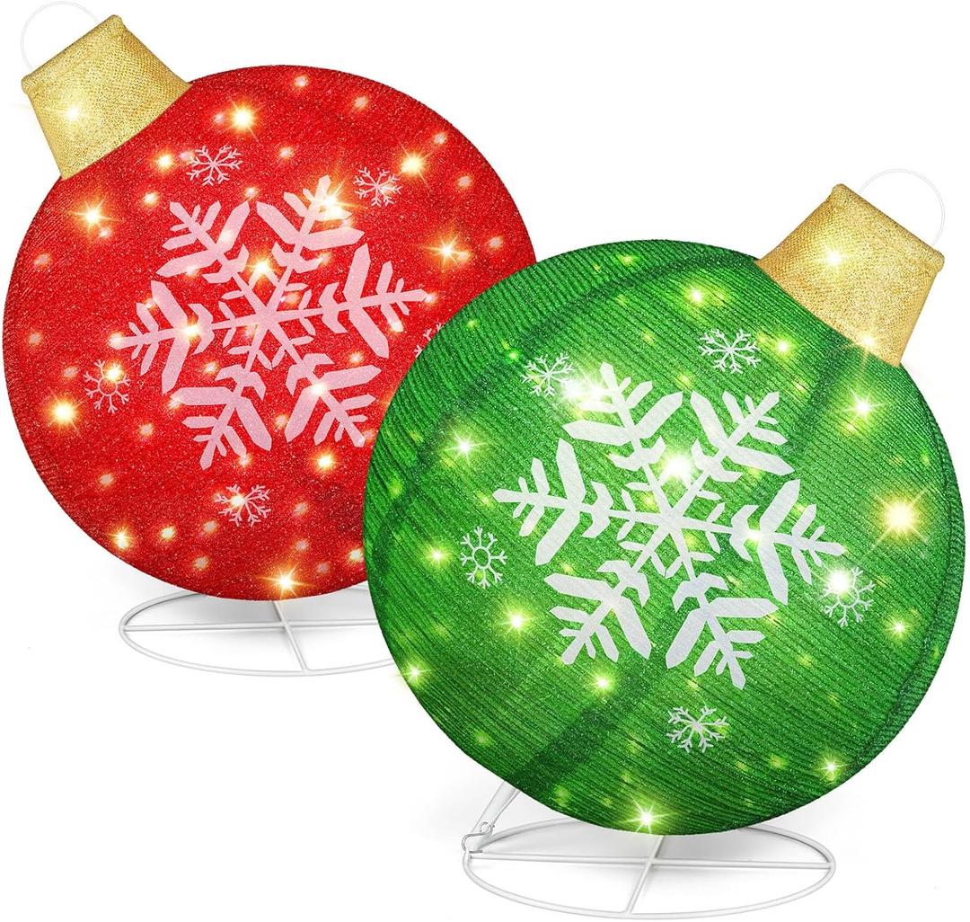 Honoson 2 Pcs Christmas Giant Light Up Ornaments Outdoor 24 Inch Lighted Pop-Up Ball Christmas Ornament Set Large Outside Holiday Christmas Decorations for Yard Lawn(Red and Green,Snowflake)