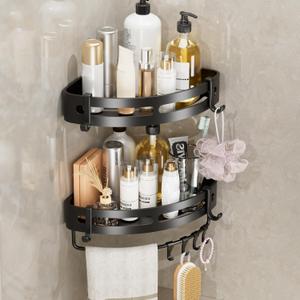 Adhesive Shower Corner Caddy2-Pack Heavy Duty Shower Corner Shelves Rack with 8 Hooks and 1 Towel BarRustproof Bathroom Organizer No Drilling Wall Mounted (Black)