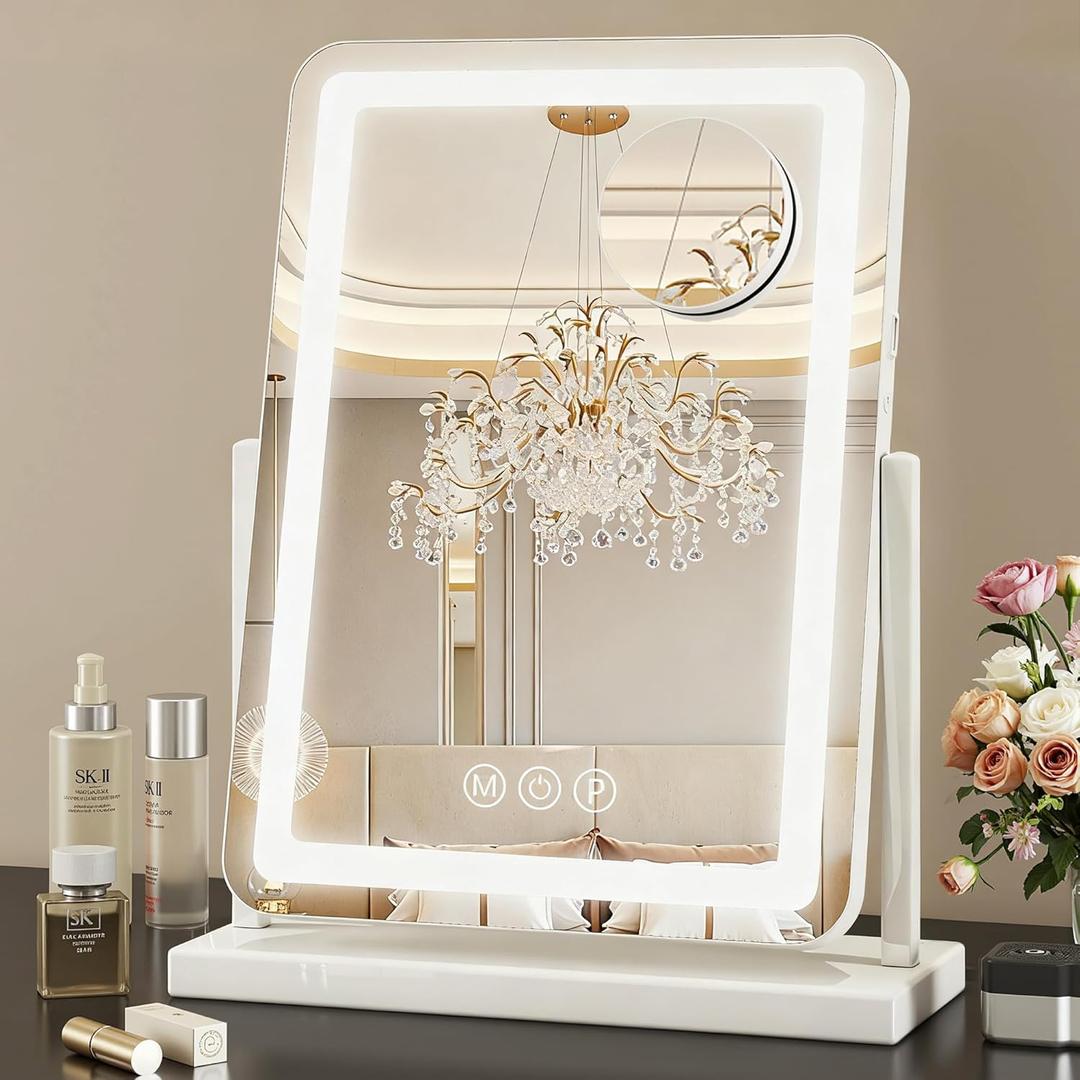 Suidia Vanity Mirror with Lights, 18"14" LED Makeup Mirror with Light, Smart Touch with 3-Color Lighting, 360Ratation for Vanity Desk Tabletop,White,Lamp Belt Style
