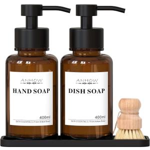 Amber Glass Soap Dispensers, 2 Pack Hand Soap Dispensers Set with Stainless Steel Pump Non-Slip Silicone Tray Bamboo, Dish Brush, 16 Waterproof Labels, for Kitchen Home - Amber/ 13.5 oz