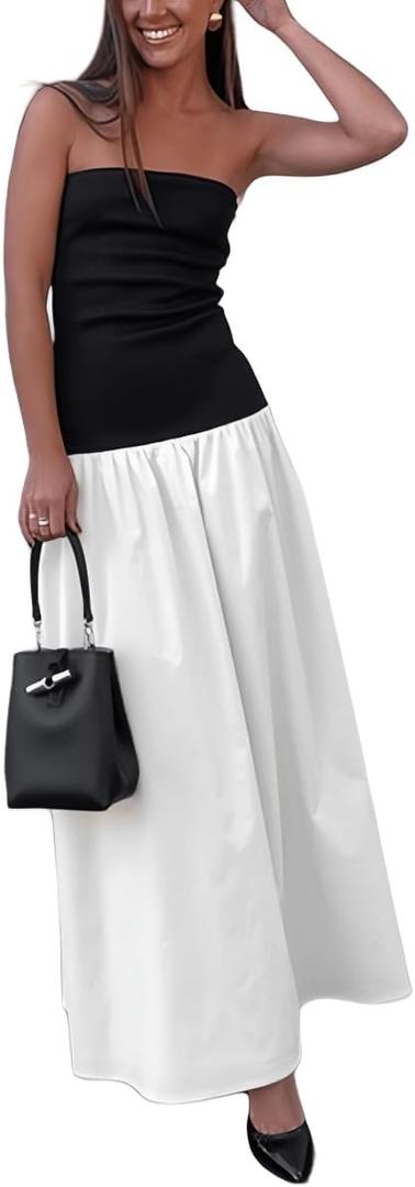 YOXUA Women's Summer Strapless Sleeveless Patchwork A-Line Tube Long Maxi Dress Off Shoulder Beach Maxi Dress (Small, White)