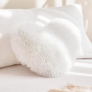 MOOWOO White Fluffy Heart Pillow, Faux Fur Throw Pillow,Sherpa Plush Fluffy, Cute Soft Throw Cushion, Valentines Day,Thanks Giving Days,Christmas Day Decorative for Home Bed Couch Heart Shape, 15.7*15.7 Inches