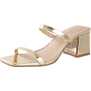 Square Toe Heeled Sandals for Women - Women's Low Block Heels Sandals - 2.25IN Open Toe Ankle Strap Chunky Heels - Slip on Heeled Sandal Mule- Nude Black Strappy Heels for Party Wedding Dress Shoes (Gold Pu)