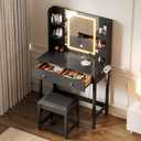 Vanity Desk with Mirror and LED Lights, Small Makeup Vanity Table Set with Drawers and Chair, Dressing Table with Power Outlet for Girls Bedroom, Black, 15.75"D x 31.5"W x 51.18"H
