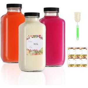 AuroTrends 16 oz Glass Bottles with Lids 3Pack, 480ml Glass Bottles for Juicing, Water, Kombucha - Portable Glass Juicing Bottles Reusable Glass 16oz (Set of 3)