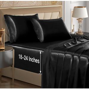 VACVELT 4pcs Extra Deep Pocket Satin Sheets King Size Bed Set, Black Satin Sheet Set Fit 18-24 Inch Deep Pocket Mattress, Silky & Luxury Satin Bedding Set Soft & Ultra Deep Fitted Sheet Set