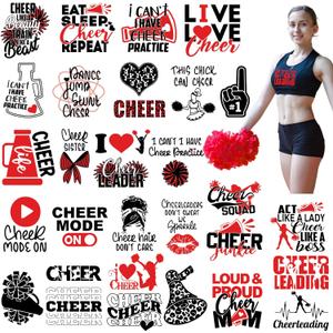 Resurhang 30 Pcs Cheer Iron on Transfers Cheer Gifts Cheerleader Iron on Patches for Clothing Cheerleading Decals Vinyl Heat Transfer Decals for Clothes Hats Bag Pillow Covers DIY(Red)
