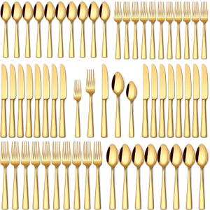 Stapava 60 Pcs Gold Silverware Set, Food-Grade Stainless Steel Flatware Sets for 12 Mirror Polished Cutlery Utensil Sets Include Dinner Knives Spoons and Forks Set Dishwasher Safe for Home Restaurant