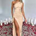 Memoriesea Women's Sexy One Shoulder High Split Cocktail Wedding Party Maxi Dress (Beige), Large