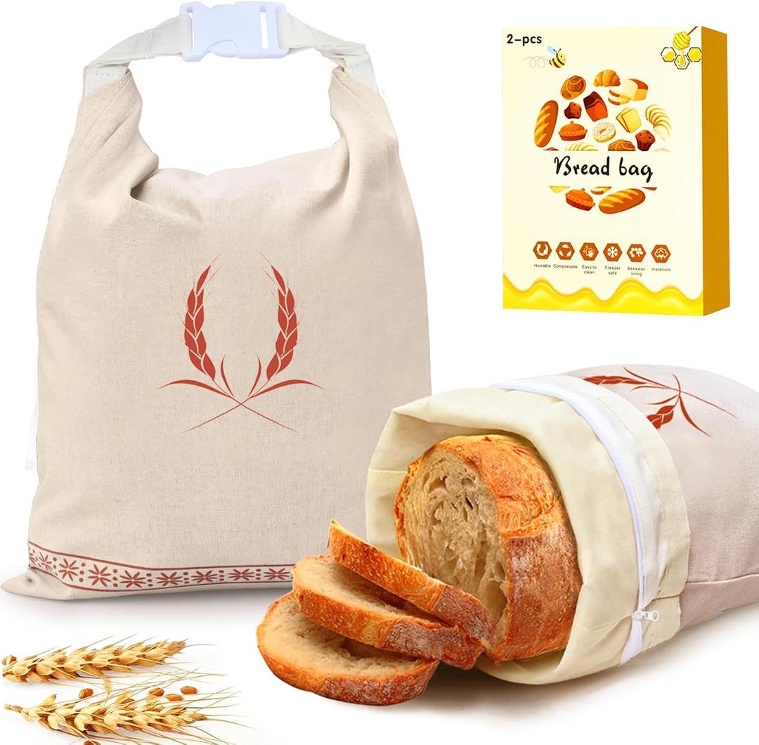 Beeswax Bread Bags 2 Pack, Reusable Bread Storage Boxes for Homemade Sourdough, Cotton Food Bags Loaf Containers to Keep Fresh Large