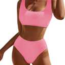 DaiLiWei High Waisted for Women Ribbed 2 Piece Bathing Suit Modest Full Coverage Bikini Sets Sporty Cute Swim Suits for Teens (Small, Pink)