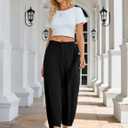 Xiaoxuemeng Linen Pants Women Wide Leg Capri Beach Pants Elastic Waisted Baggy Linen Trousers, XL