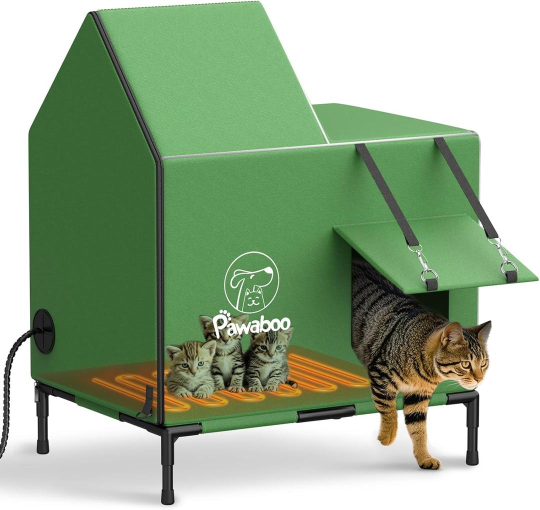 Pawaboo Heated Cat House for Outdoor in Winter, Weatherproof Cats Shelter for Outside with Waterproof Awning & Elevated Base, Insulated Outdoor Cats House with Heater for Feral Barn Cat (L+31x24x17.7in, Green)