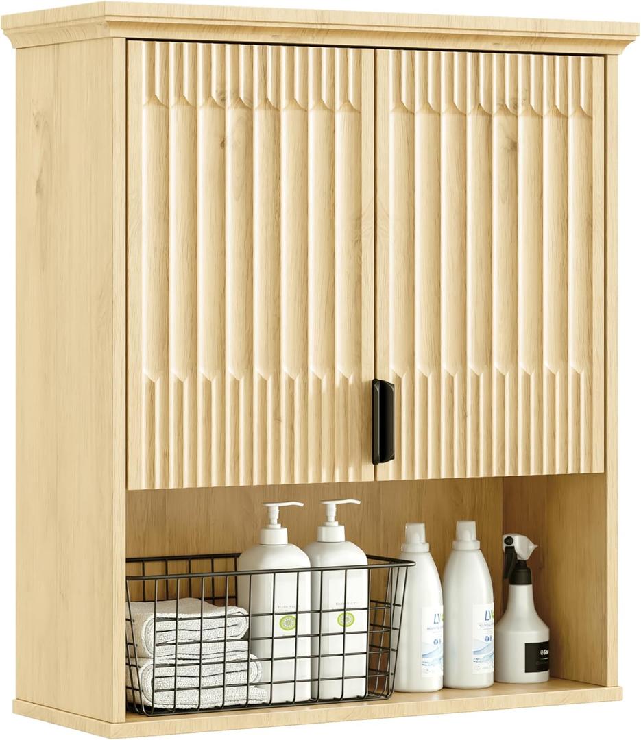FLOWBACK Wall Mounted Cabinet, Modern Medicine Cabinets with Fluted Doors and Adjustable Shelf Over The Toilet Storage Organizer (Natural Wood)