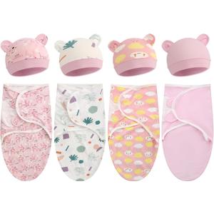 Buryeah 4 Pack Preemie Swaddle Blanket Wrap Set with Hat for Baby Boys Girls 3-7 Lbs Preemie Newborn Clothes Sleepers Cap (Pink)