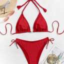 Eomenie Womens Ribbed Bikini Set Sexy Halter Triangle Top Swimsuit Tie Side Two Piece Bathing Suit Moderate Coverage (Red, XL)