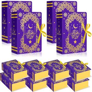 36Pcs Ramadan Eid Mubarak Favor Boxes Gold Moon Star Ramadan Kareem Treat Boxes Square Candy Ramadan Box with Ribbon for Eid Party Decor (Purple/Gold)