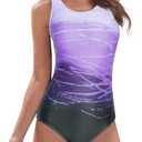 American Trends One Piece Swimsuit Women Criss Cross Back Color Block Print Bathing Suits Athletic Modest Swimwear (12-14, E Purple Gradient)