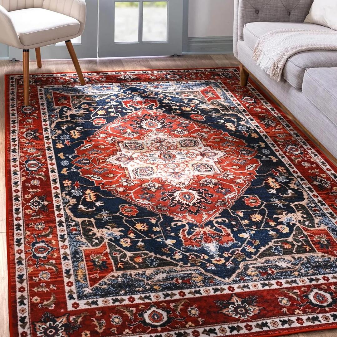 YJ.GWL Area Rug for Living Room, 3x5 Machine Washable Boho Rug for Bedroom, Low Pile Lightweight Thin Rugs Floral Vintage Distress Print Pattern Carpet for Dining Room Kitchen, Red