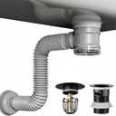 Bathroom Sink Drain Kit with Flexible Expandable Pipe: Odor-Free & Backflow-Preventing, Space-Saving Design without a P-trap, For 1-1/4'' & 1-1/2'' Drain Hole (Black, With Overflow)
