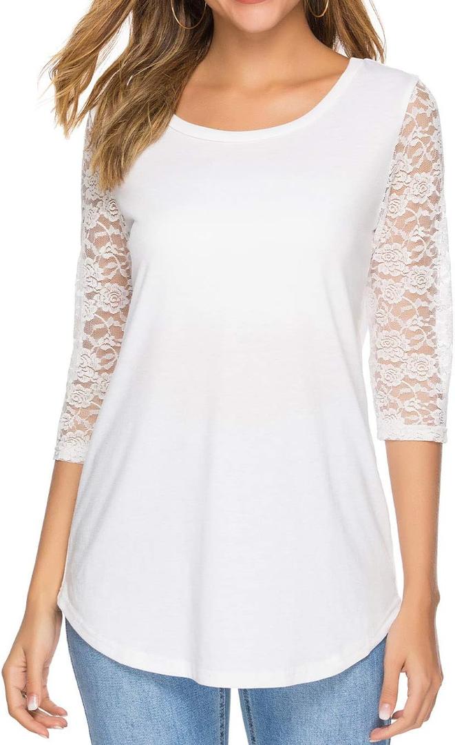 Women's 3/4 Lace Sleeve Round Neck T-Shirt Casual Blouses Tunics Tops (Medium, White) Women's 3/4 Lace Sleeve Round Neck T-Shirt Casual Blouses Tunics Tops (Medium, White)