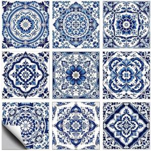 CONCHLERY 36 Pcs 9 Style Portuguese Style Wall Tile Stickers Peel and Stick Tile Stickers Waterproof Self Adhesive Mandala Pattern Stick on Tiles Decals for Kitchen Bathroom Wall Art Decor, 4×4 inch