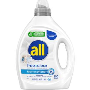 all free clear, Original, Liquid Fabric Softener for Sensitive Skin, Unscented and Hypoallergenic, Concentrated, 80oz, 200 Loads