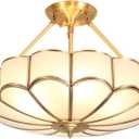 Brass Semi-Flush Mount Ceiling Light, Elegant Glass Ceiling Light Fixture for Living Room Hall Bedroom, 23.6"