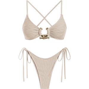 ZAFUL Women's Bikini Sets Ribbed Metal O Ring Criss Cross Two Piece Swimsuit Cheeky High Cut Side Tie Thong Bathing Suit, S