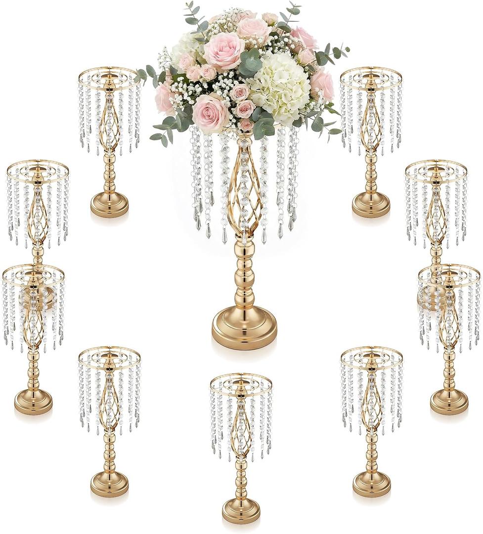 10 Pcs 21.5 Tall Gold Centerpieces for Table, Open Lattice Midsection Trumpet Base Vase Stands with Hanging Crystals, Metal Flower Holders for Wedding Receptions,Parties & Event Decor