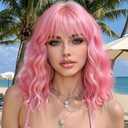 AISI HAIR Curly Bob Wig with Bangs Short Wavy Pink Color Wigs for Women Bob Style Synthetic Heat Resistant Bob Wigs