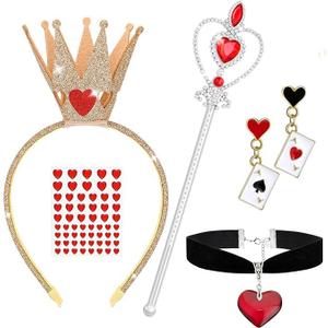 5 Pcs Queen Of Hearts Accessories for Women,Red Queen Of Hearts Costume Crown Wand Headband Necklace Earring sticker for Halloween Party Cosplay Dress Up/silver
