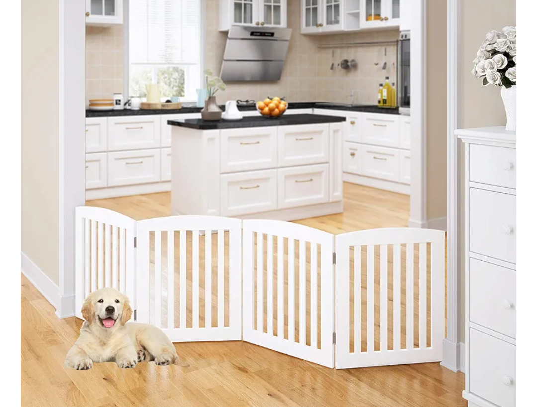 PAWLAND Wooden Freestanding Foldable Pet Gate for Dogs, 24 inch 4 Panels Step Over Fence, Dog Gate for The House, Doorway, Stairs, Extra Wide (White, 24" Height-4 Panels)