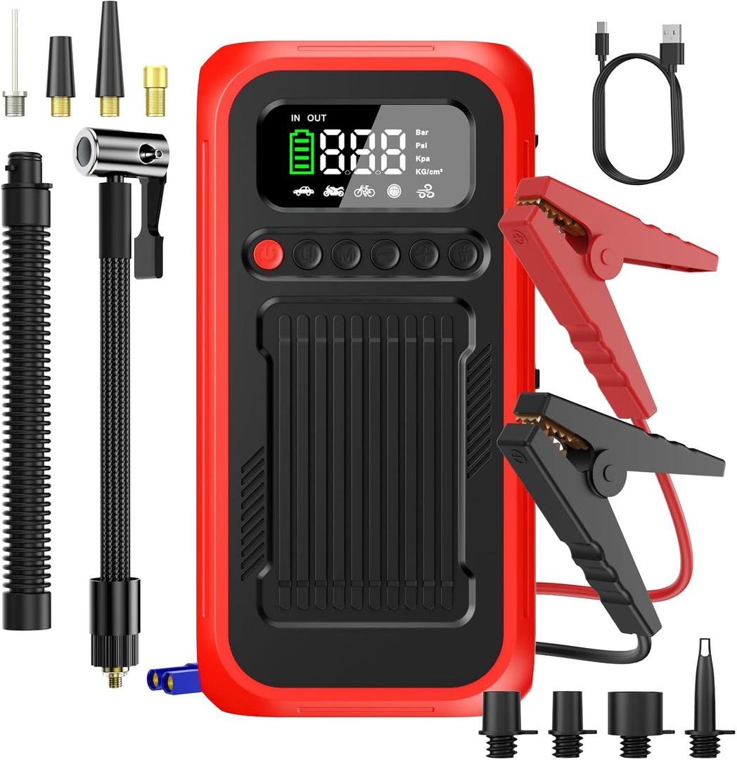 Portable Air Compressor with Jump Starter, 150 PSI Digital Tire Inflator 4000A Car Battery Jumper Box with 20000mAh Power Bank, Auto Shut-off Cordless Air Pump for Cars, Trucks, Motorcycles, Bikes