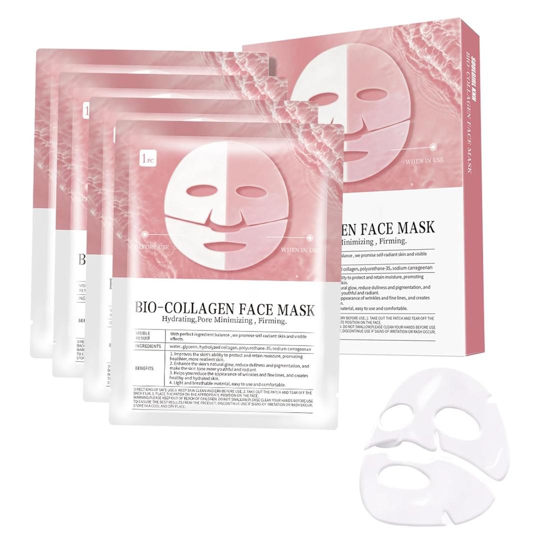 Bio-Collagen Real Deep Mask,Collagen low Up Mask,Collagen Face Mask Overnight,Korean Anti Wrinkle Lifting Face Mask, Elasticity Improvement, Creating Glass Skin (4 Pcs)