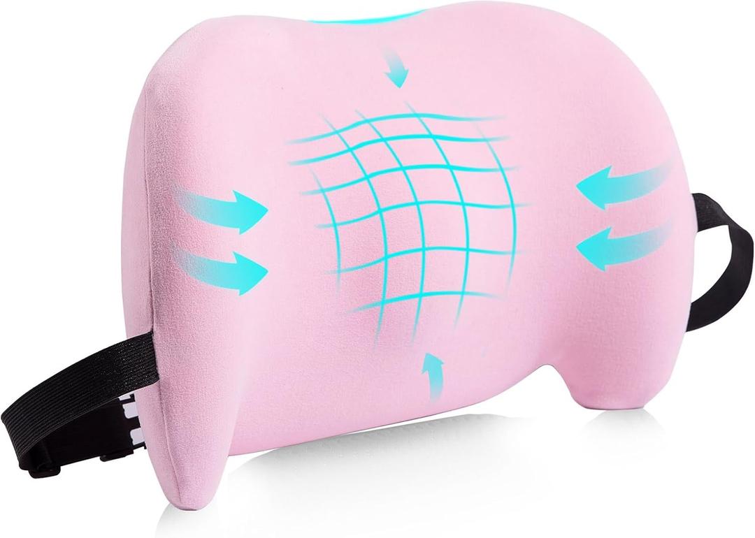 Lumbar Support Pillow for Office Chair, Car Lumbar Pillow Lower Back Pain Relief, Memory Foam Back Cushion with Adjustable Straps, Ergonomic Chair Back Pillow for Gaming Chair, Car, Bed (PINK)