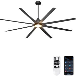 96" Industrial Ceiling Fans with Lights, Large Ceiling Fan with Remote/APP Control, Outdoor Ceiling Fans with 8 Blades, 3CCT, DC motor for Commercial Shop Garage Warehouse Black