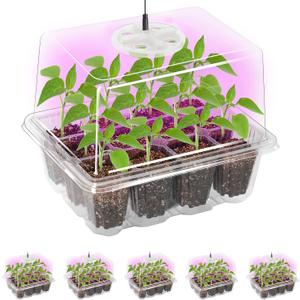 Bonviee 5 Packs Seed Starter Tray with Grow Light, Elevated Seedling Starter Trays Kits with Adjustable Humidity Domes and Clear Cell Tray, 12 Full Spectrum LED Lamp Beads for Plants Indoor-Clear
