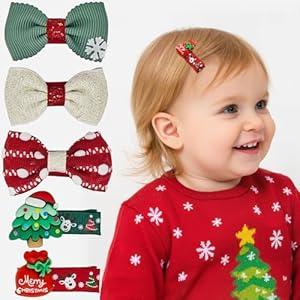Christmas Baby Hair Clips - 5 Pack Toddler Hair Clips Set with Santa Hat, Christmas Tree & Gift Bag Designs, All Fabric Covered Hair Bows for Infant Girl Holiday Photos