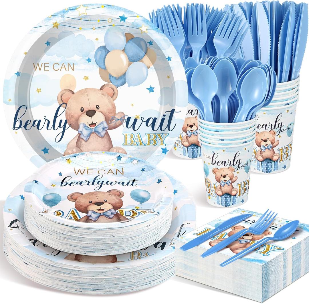 Sliner 175 Pcs Blue Bear Baby Shower Decorations Boy Tableware Set Serves 25 Guests, Baby Shower Party Supplies Includes Plates Napkin Cups Forks Knives Spoons, Disposable Bear Theme Dinnerware Set